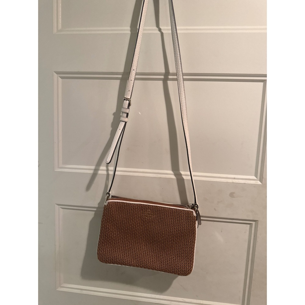 Kate Spade Jackson Straw Triple Gusset Crossbody Bag Brown White Leather Trim